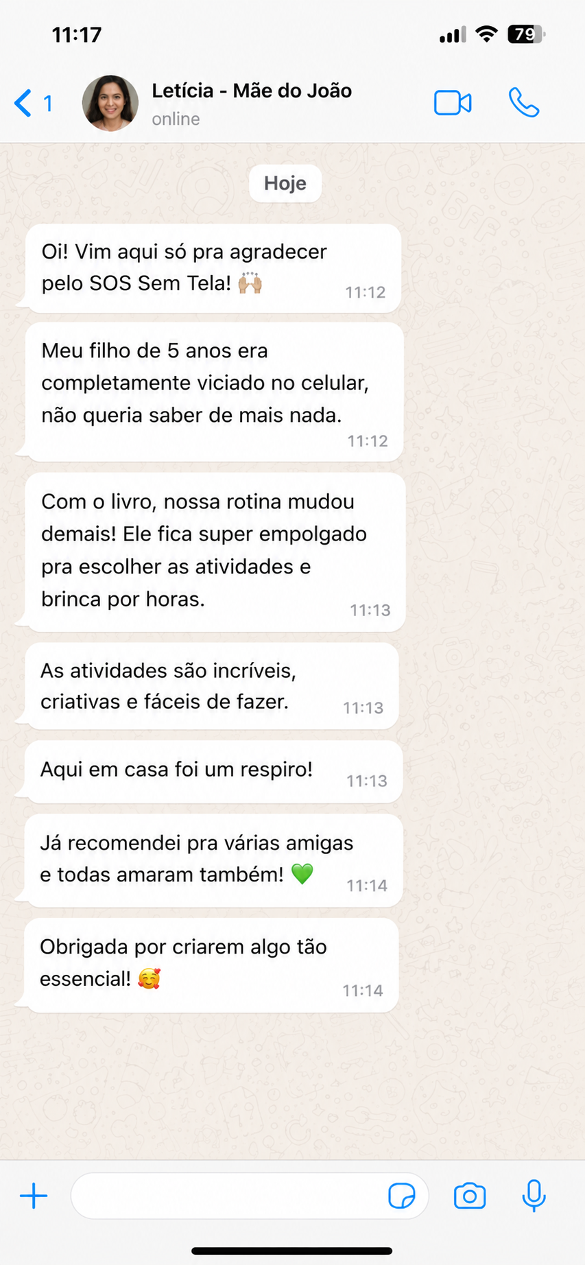 Print de conversa no WhatsApp de Letícia agradecendo pelo SOS Sem Tela e contando a mudança na rotina do filho