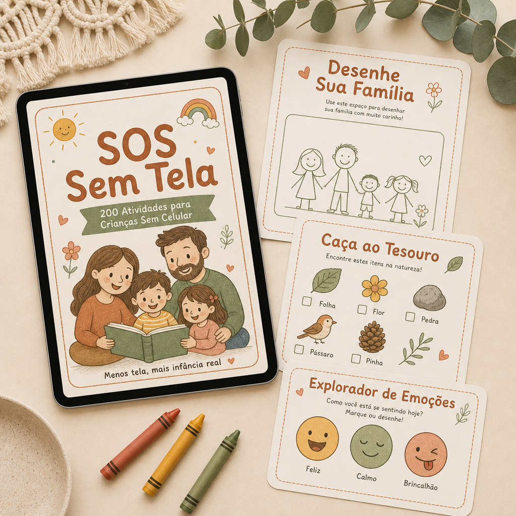 Mockup do e-book SOS Sem Tela em português: capa no tablet e folhas de atividades como Desenhe Sua Família, Caça ao Tesouro e Explorador de Emoções